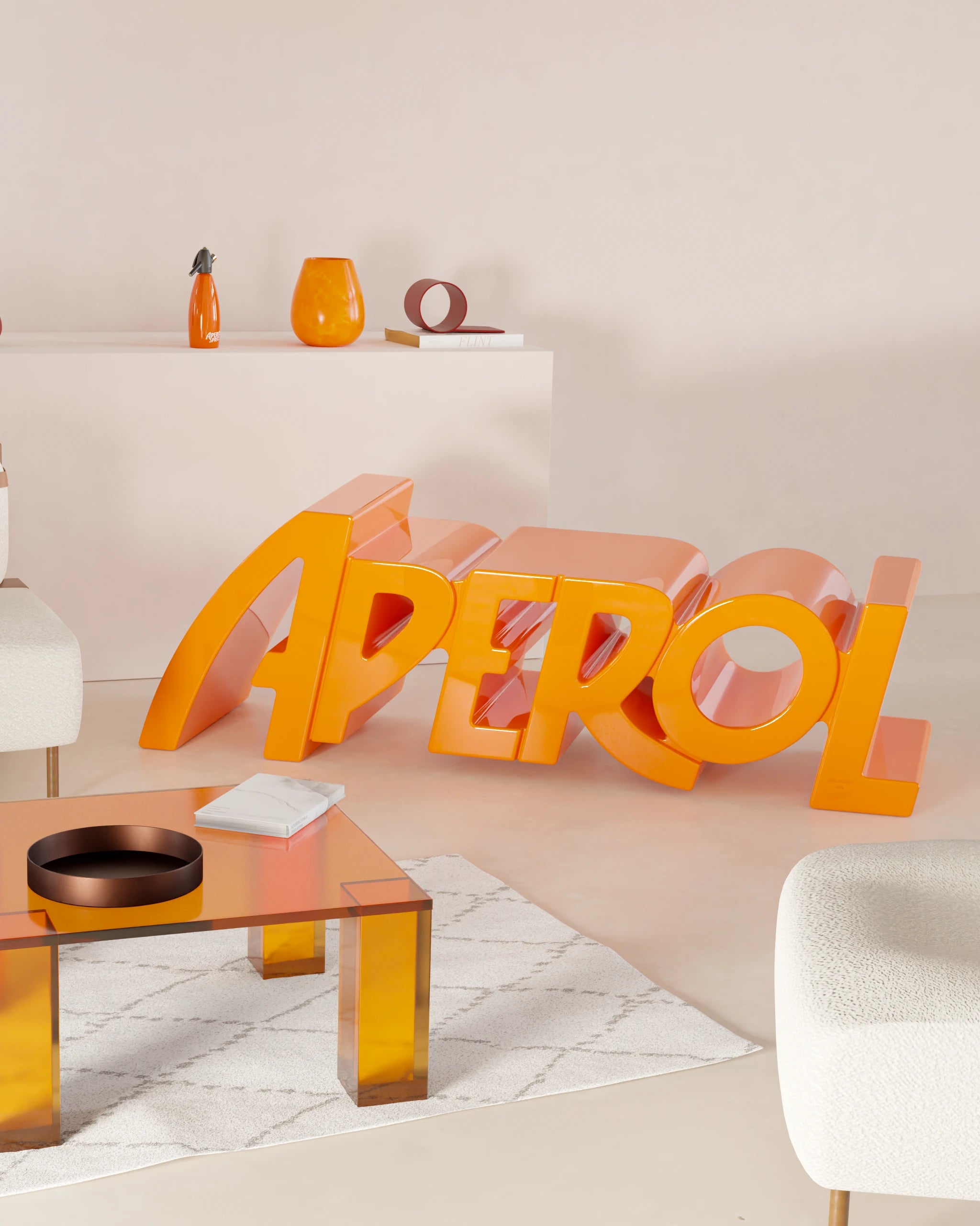 Glossy orange Aperol bench shaped like the brand's logo, placed in a modern beige and orange living room